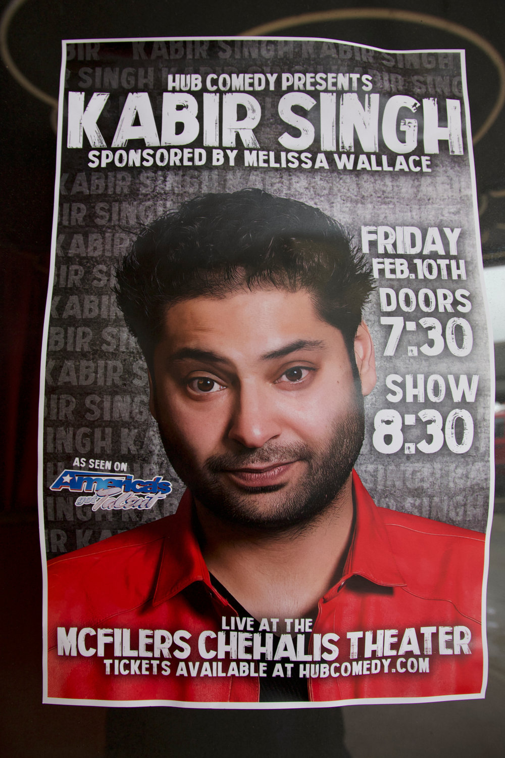 A sign posted outside McFiler’s Chehalis Theater on Tuesday advertises Kabir Singh’s upcoming comedy show.