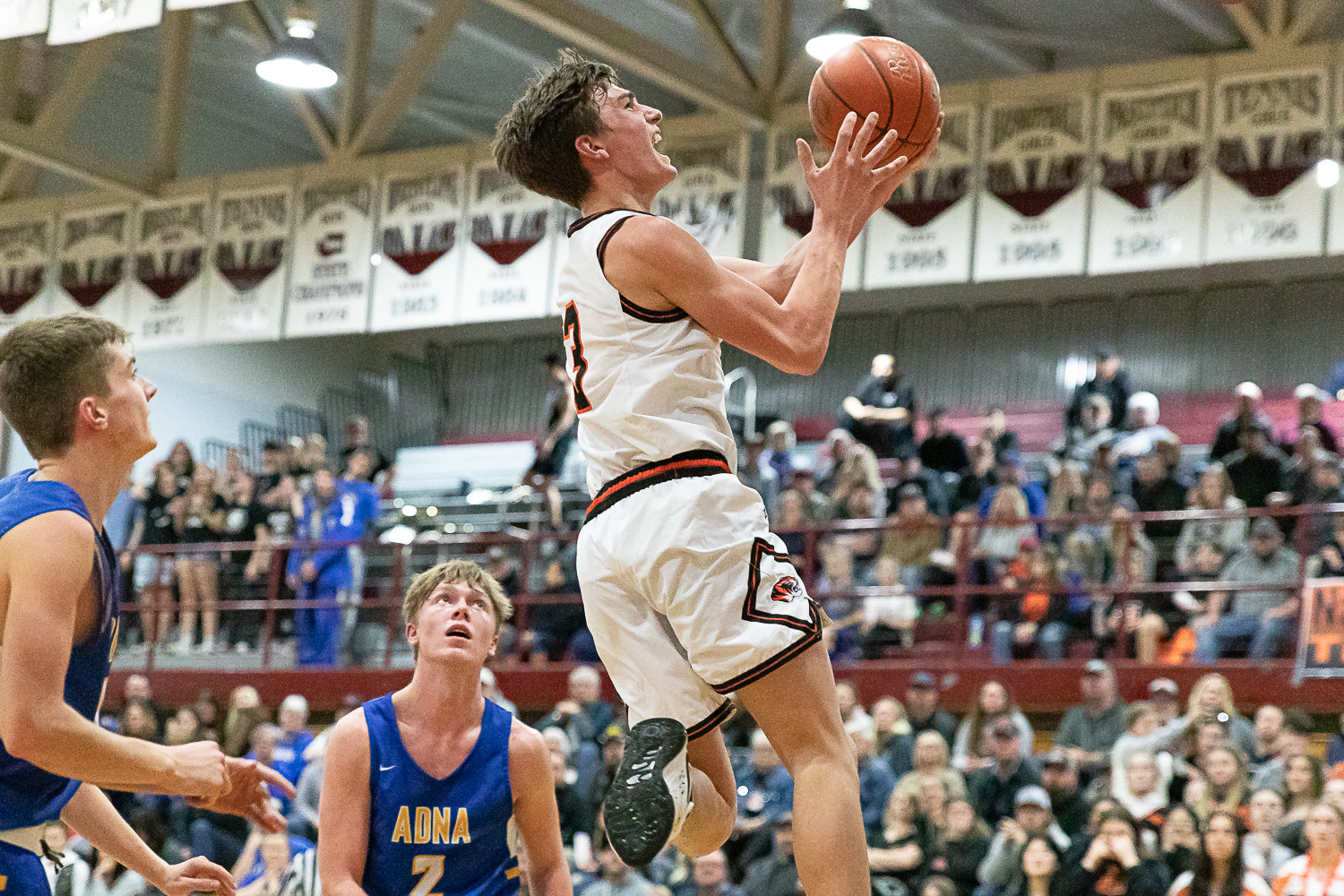 Napavine guard James Grose rises for a layup after some contact against Adna in the 2B District 4 quarterfinals at W.F. West Feb. 8.