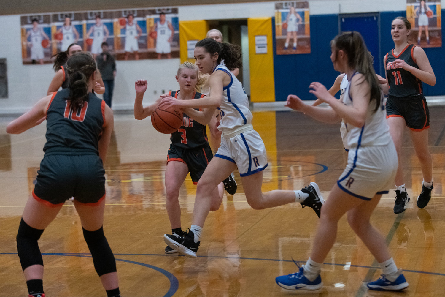 Mandy Andree-Cordell dribbles through traffic during Rochester's 49-26 loss to Washougal on Feb. 8