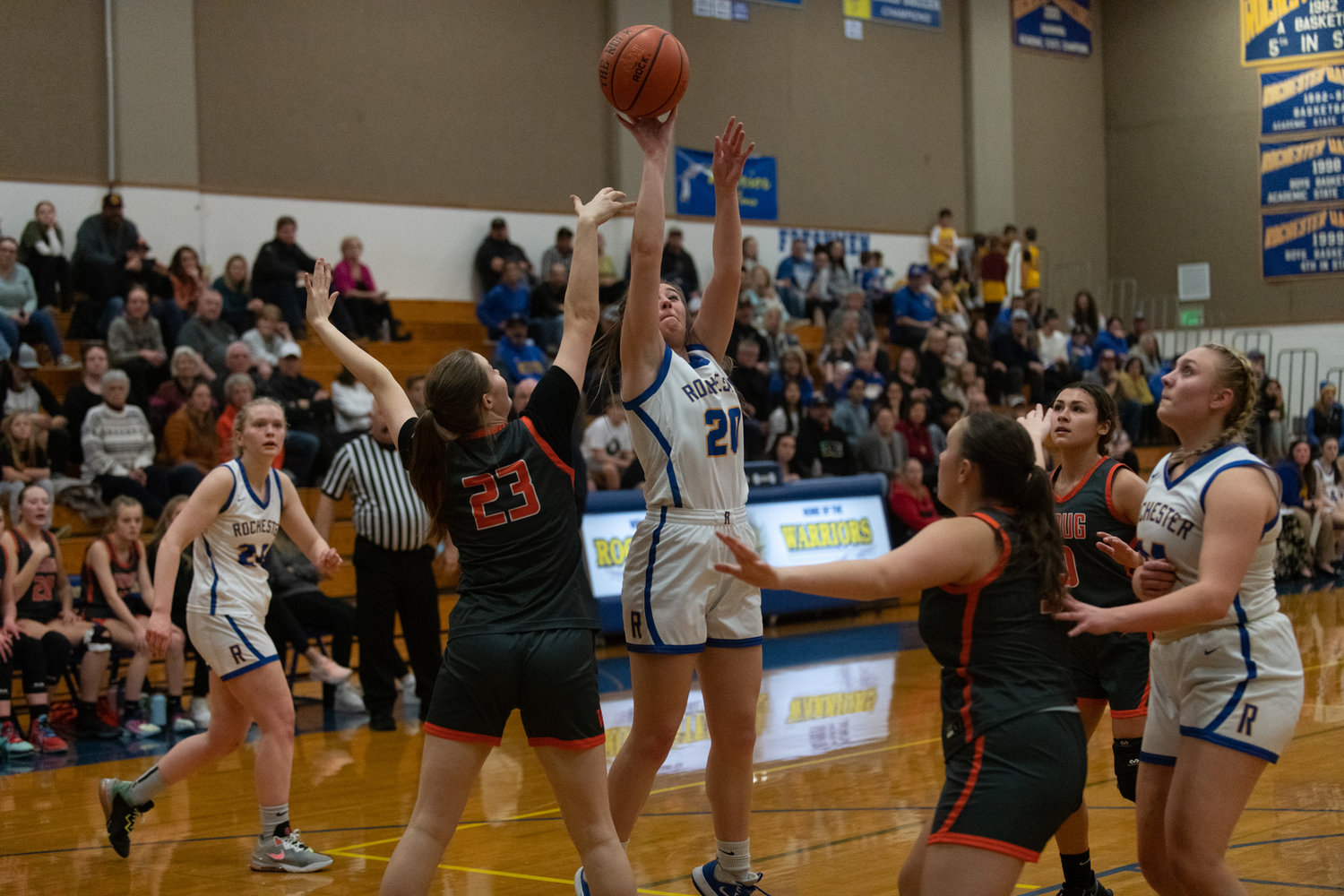 Roisin Stull gets a shot up during the first half of Rochester's 49-26 loss to Washougal in the 2A District 4 pigtail on Feb. 8.