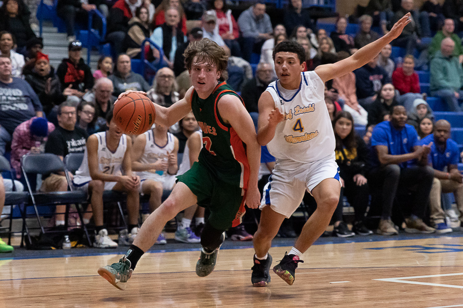 Morton-White Pass guard Judah Kelly sprints past a Chief Leschi defender in the 2B District 4 semifinals at Kelso Feb. 15.
