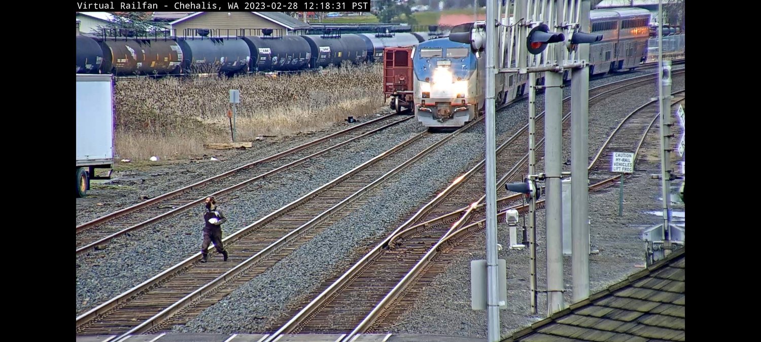 Nearly 150 livestream viewers worldwide watched as a trespasser walking on the railroad tracks near Chehalis and delayed Amtrak #11 Coast Starlight on its route from Seattle to Los Angeles on Tuesday. 