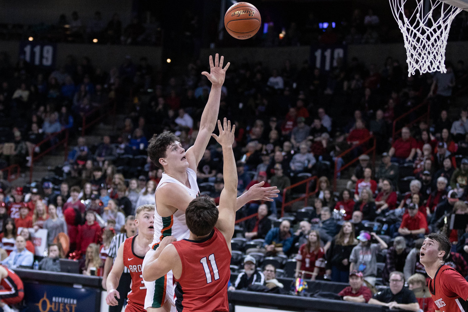 Morton-White Pass forward Hunter Hazen throws up a shot during a 51-44 defeat to Lind-Ritzville/Sprague/Washtucna in the 2B state quarterfinals at Spokane Arena March 2.