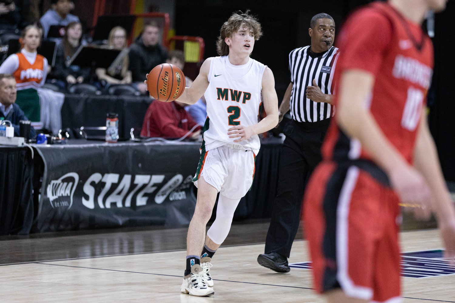Morton-White Pass guard Judah Kelly scans the floor during a 51-44 defeat to Lind-Ritzville/Sprague/Washtucna in the 2B state quarterfinals at Spokane Arena March 2.