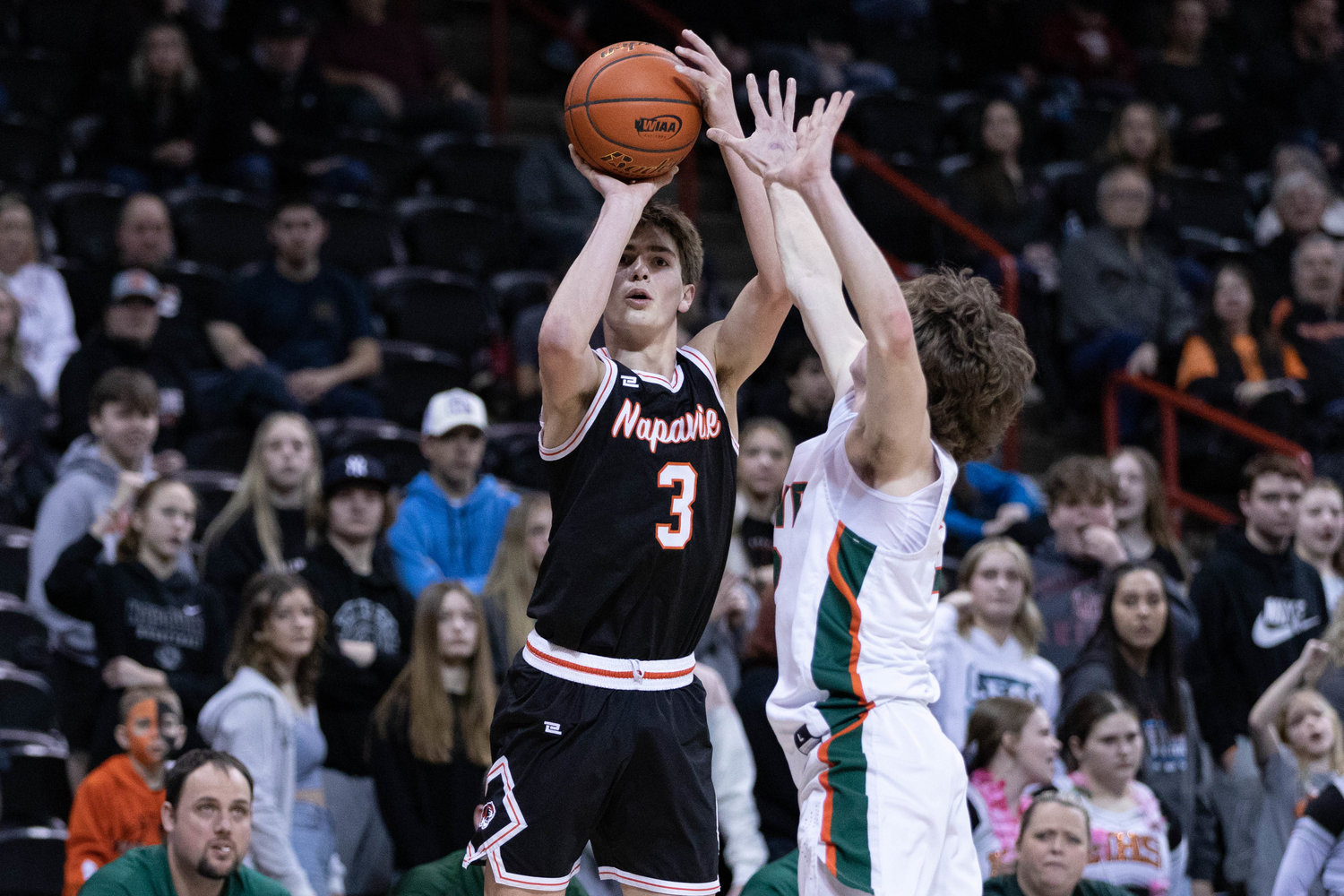 Napavine guard James Grose takes a 3-pointer against Morton-White Pass in a loser-out 2B state consolation game at Spokane Arena March 3.