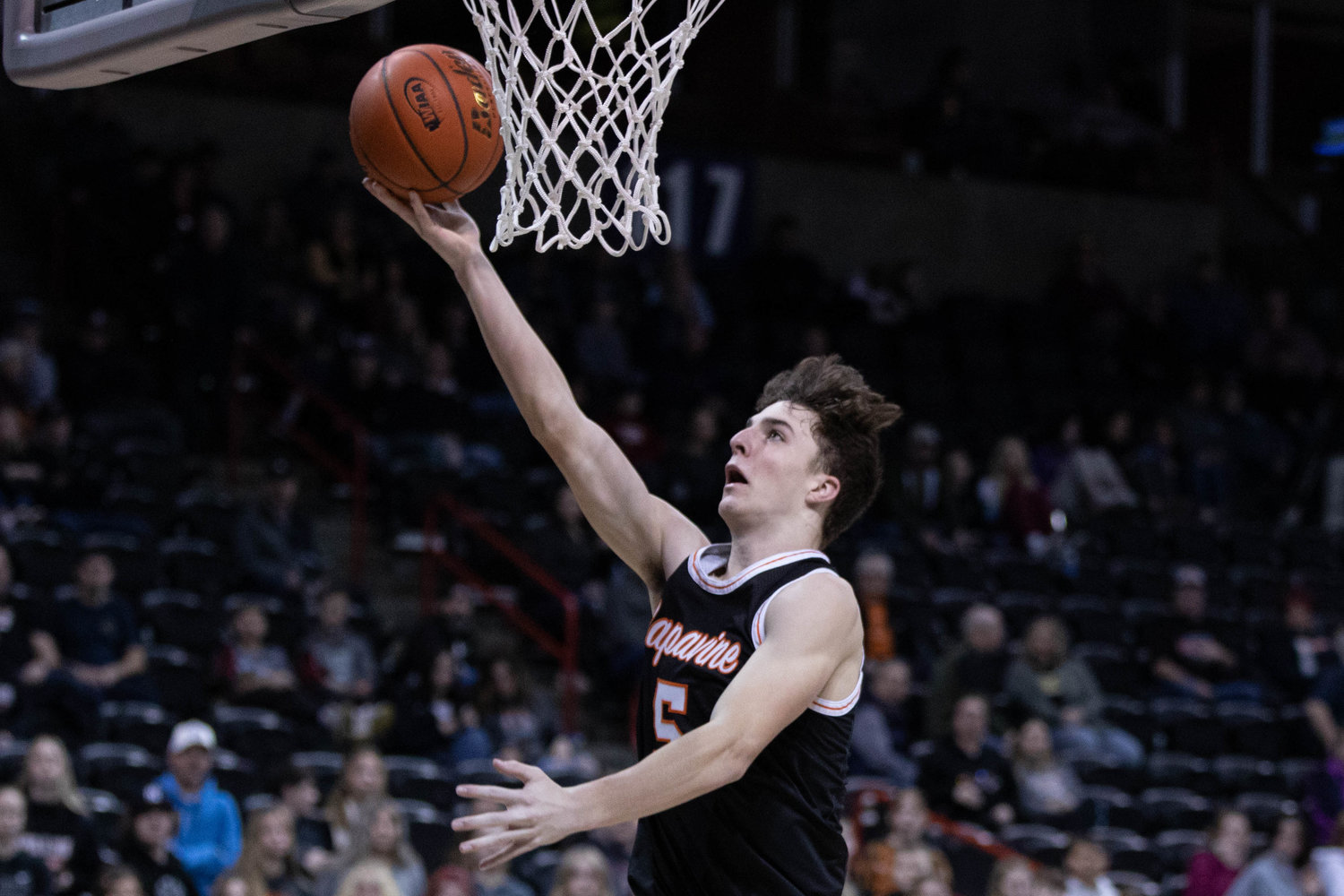 Napavine forward Karsen Denault rises for a transition layup against Morton-White Pass in a loser-out 2B state consolation game at Spokane Arena March 3.