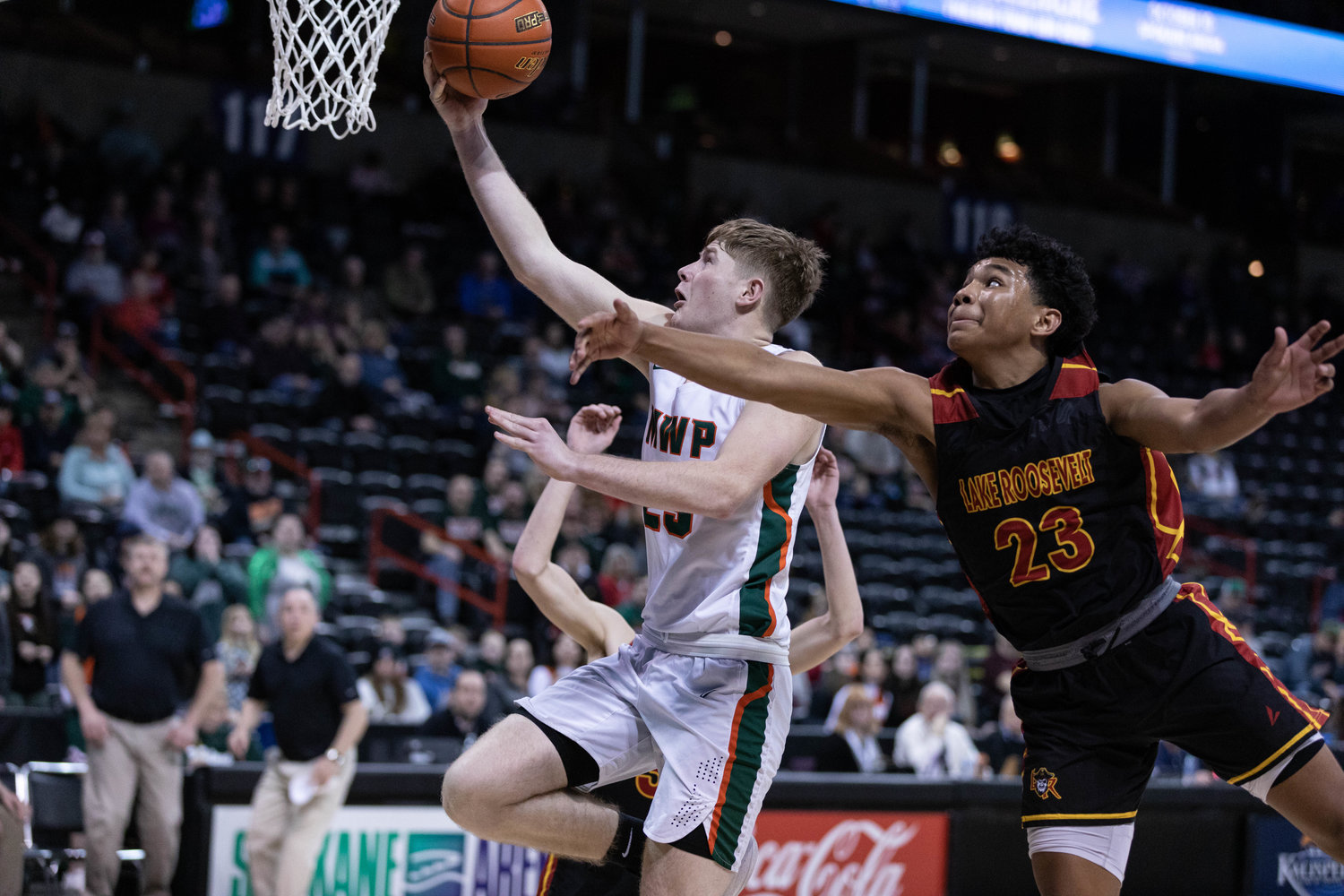 Morton-White Pass forward Jace Peters rises for a layup against Lake Roosevelt in the 2B state fourth-place game at Spokane Arena March 3.