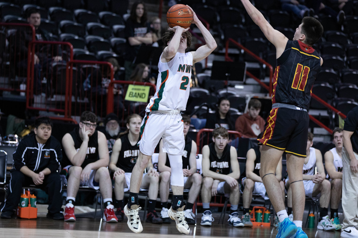 Morton-White Pass guard Judah Kelly rises for a long ball against Lake Roosevelt in the 2B state fourth-place game at Spokane Arena March 3.