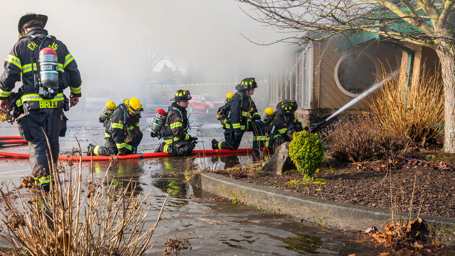 Riverside Fire Authority, Chehalis Fire, Lewis County Fire District 6 and West Thurston Fire responds to a commercial structure fire at Papa Pete's in Centralia on Sunday.