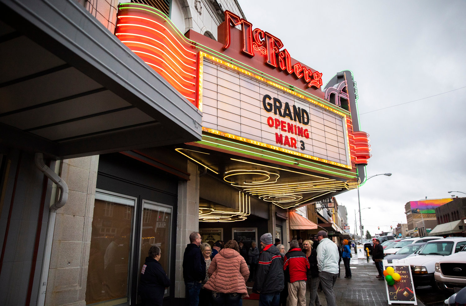 Crowds gather outside McFiler’s Chehalis Theater on Friday for a ribbon cutting ceremony.