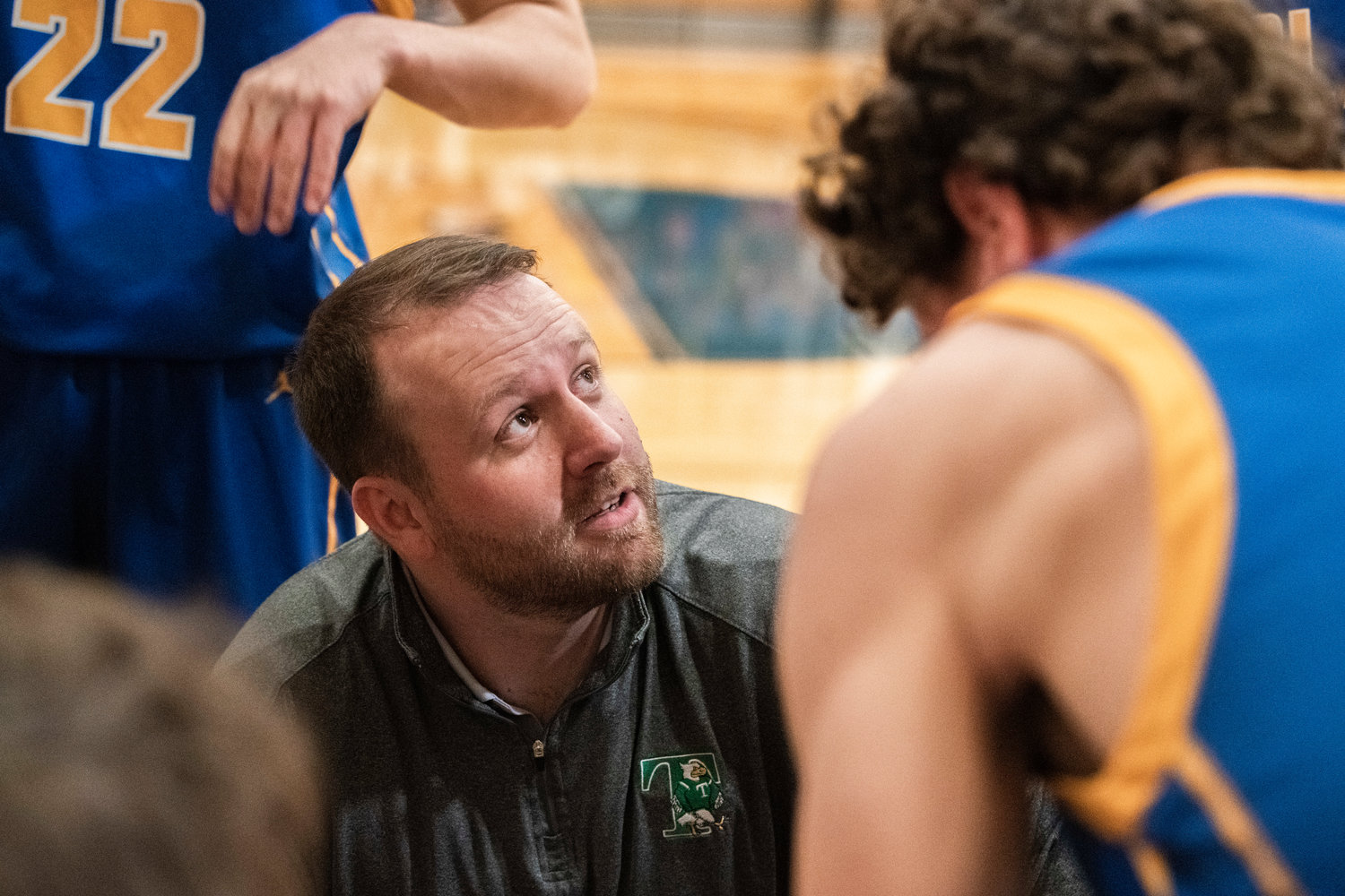 Tumwater Head Coach Josh Wilson talks to players during a Southwest Washington High School All-Star game at Centralia College Friday night.