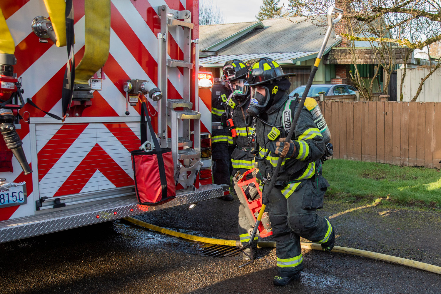 Crews from Riverside Fire Authority respond to a structure fire along View Avenue in Centralia where a detached garage and items inside were damaged by flames Wednesday morning.