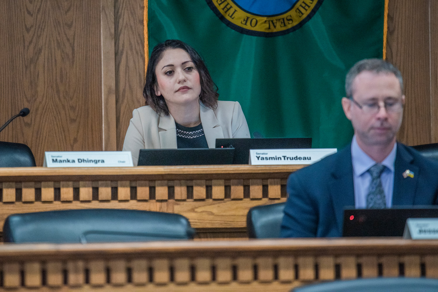 State Sen. Yasmin Trudeau presides over the Senate Law and Justice Committee during a hearing on a catalytic converter bill sponsored by Sen. Jeff Wilson.