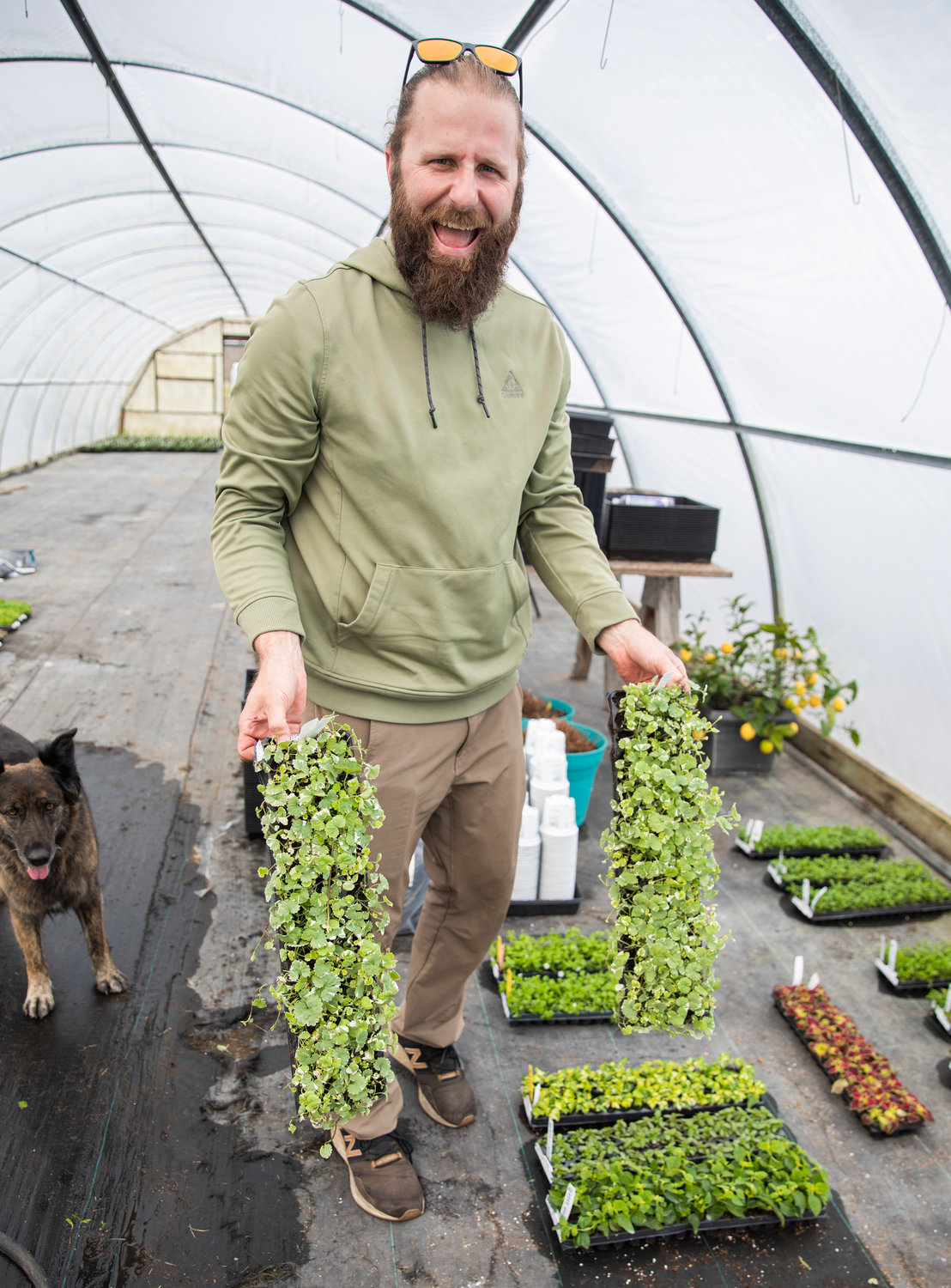 Kyle Aselton smiles while holding up plants alongside his dog Birdy Wednesday afternoon at the Dirty Thumb Nursery along state Route 6 near Adna.