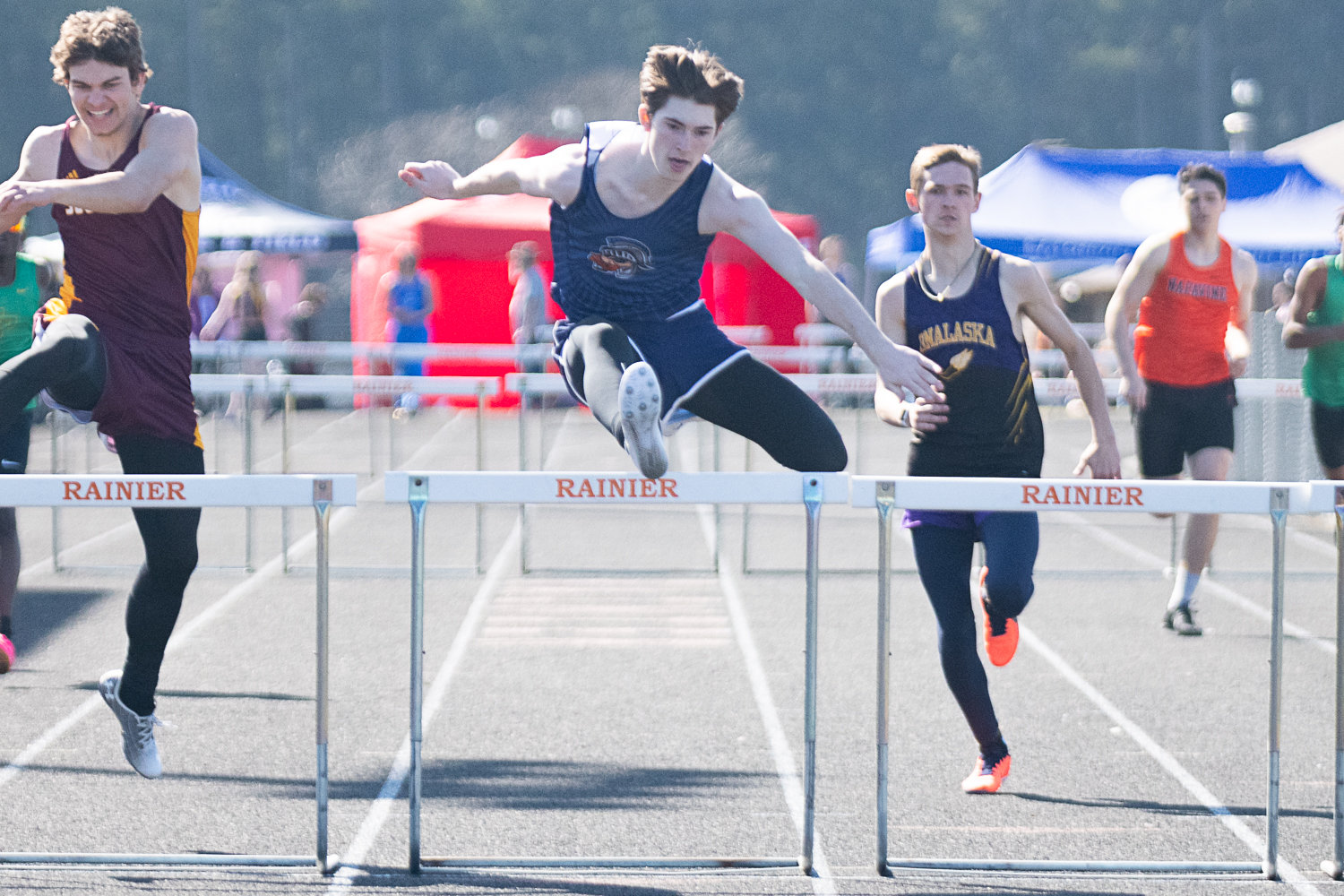 Pe Ell's Carter Phelps comes over the final hurdle to win the boys 300-meter hurdles at the Rainier Icebreaker on March 18.