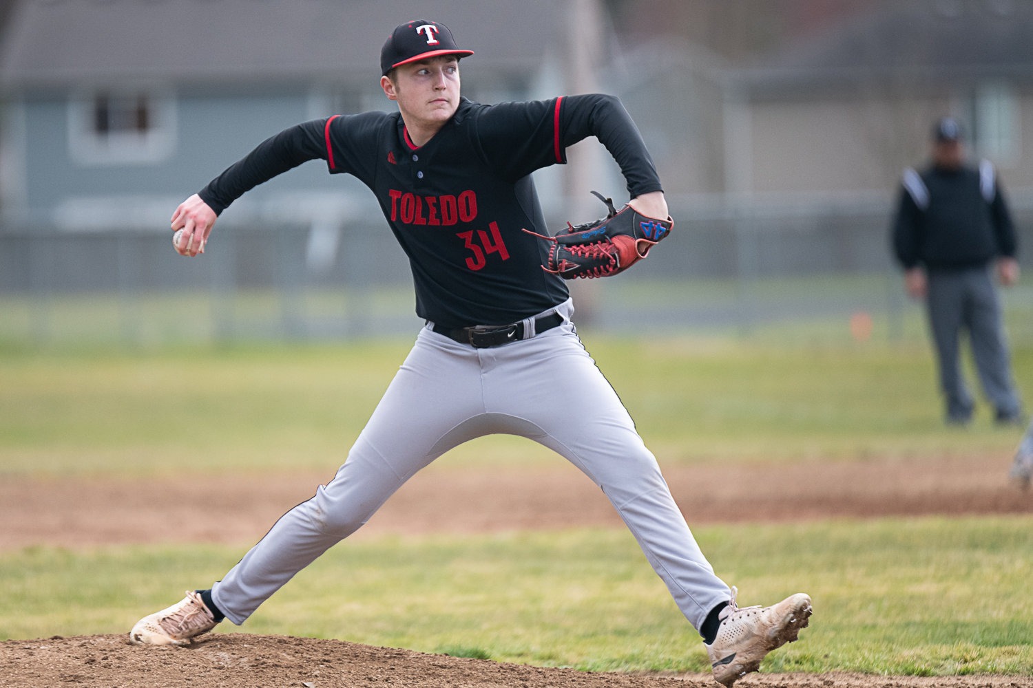 Caiden Schultz fires a pitch during Toledo's 4-1 win over Napavine in Game 1 of a doubleheader on March 20.