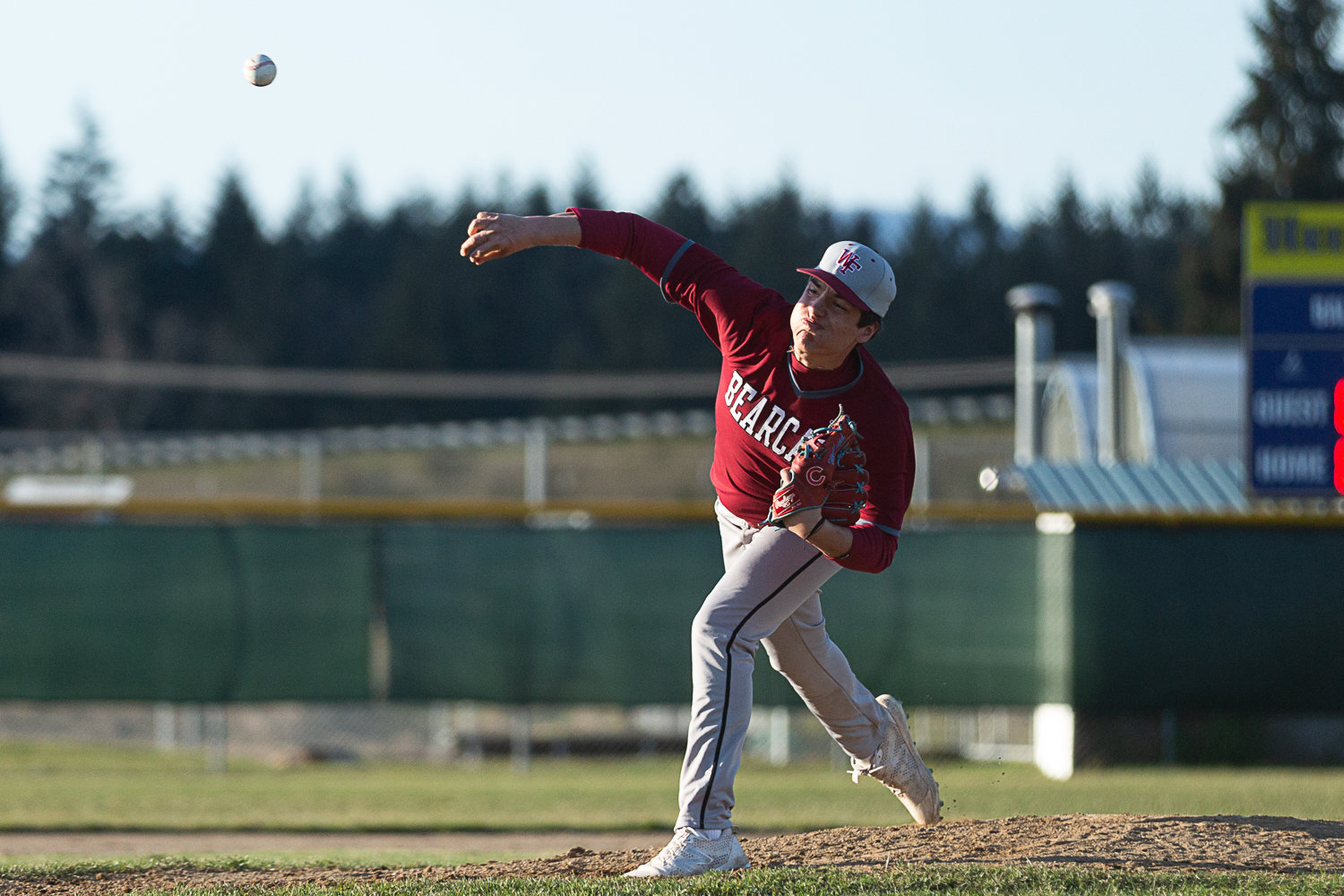 W.F. West pitcher Riggs Westlund throws a pitch against Rochester at Heinz-Rotter Field March 21.