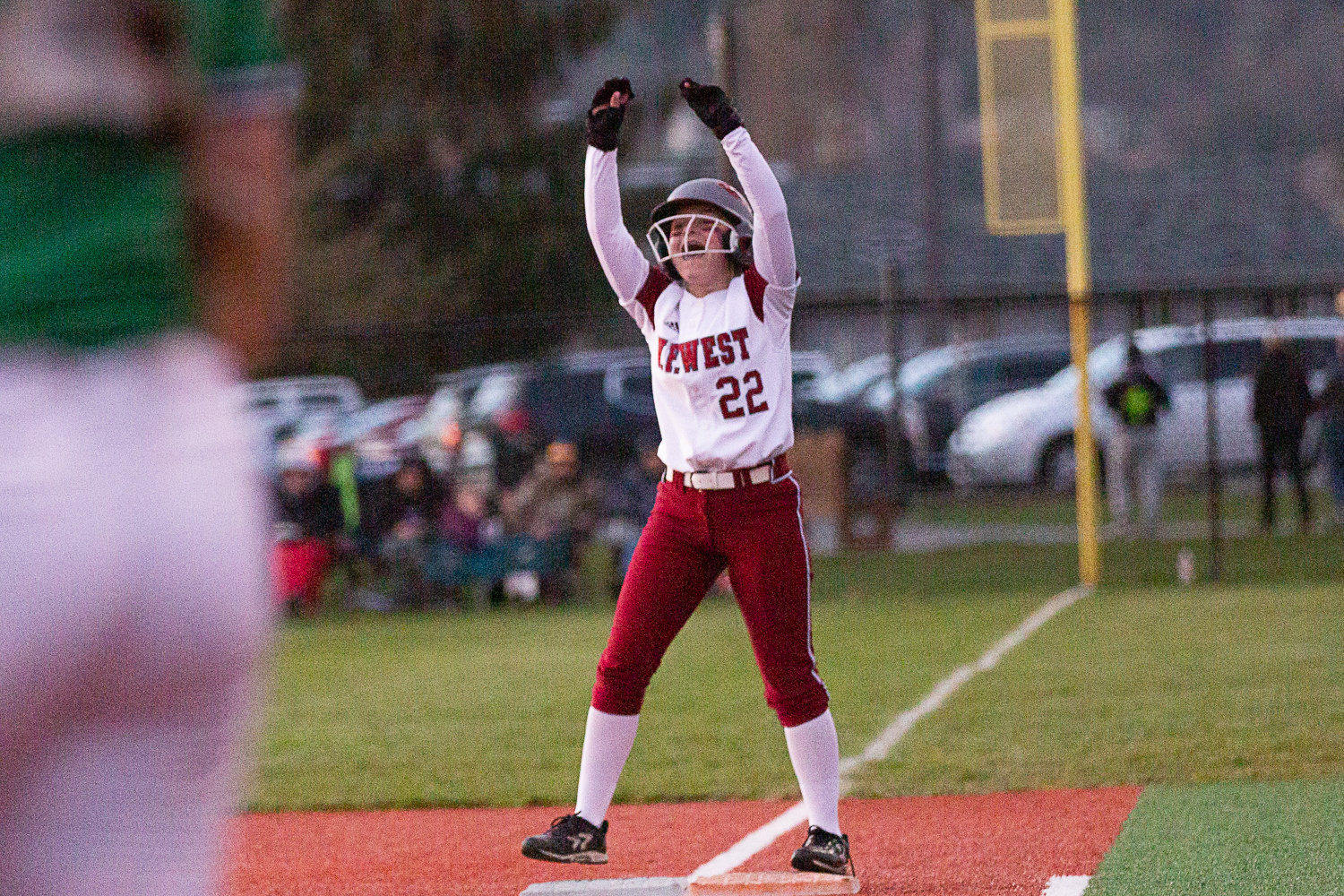 Avalon Myers celebrates her game-tying single in the bottom of the sixth inning of W.F. West's 3-2 win over Tumwater on March 22.