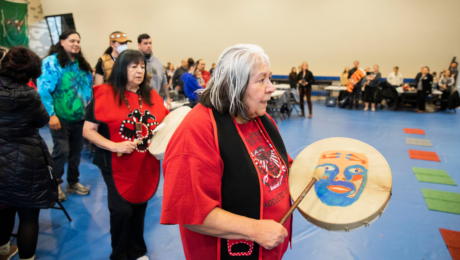 Yvonne Peterson plays drums during a ceremony honoring the Hazel Pete Legacy at the Chehalis Tribe Community Center in Oakville on Saturday.