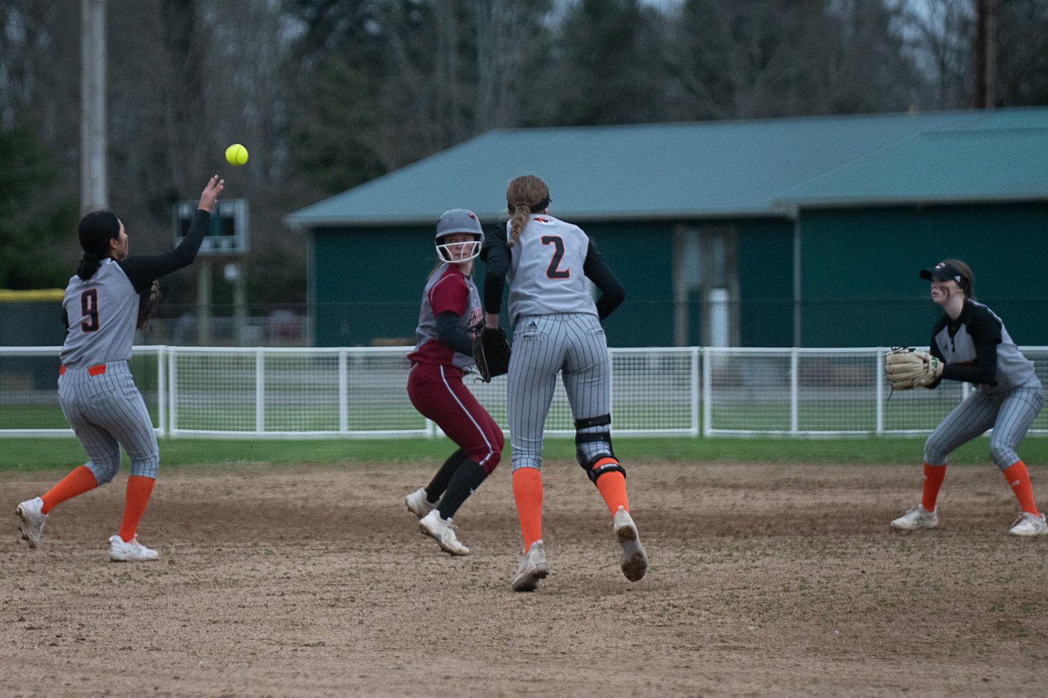 Rachel Gray gets caught in a rundown between second and third during W.F. West's 5-3 loss to Centralia on March 28.