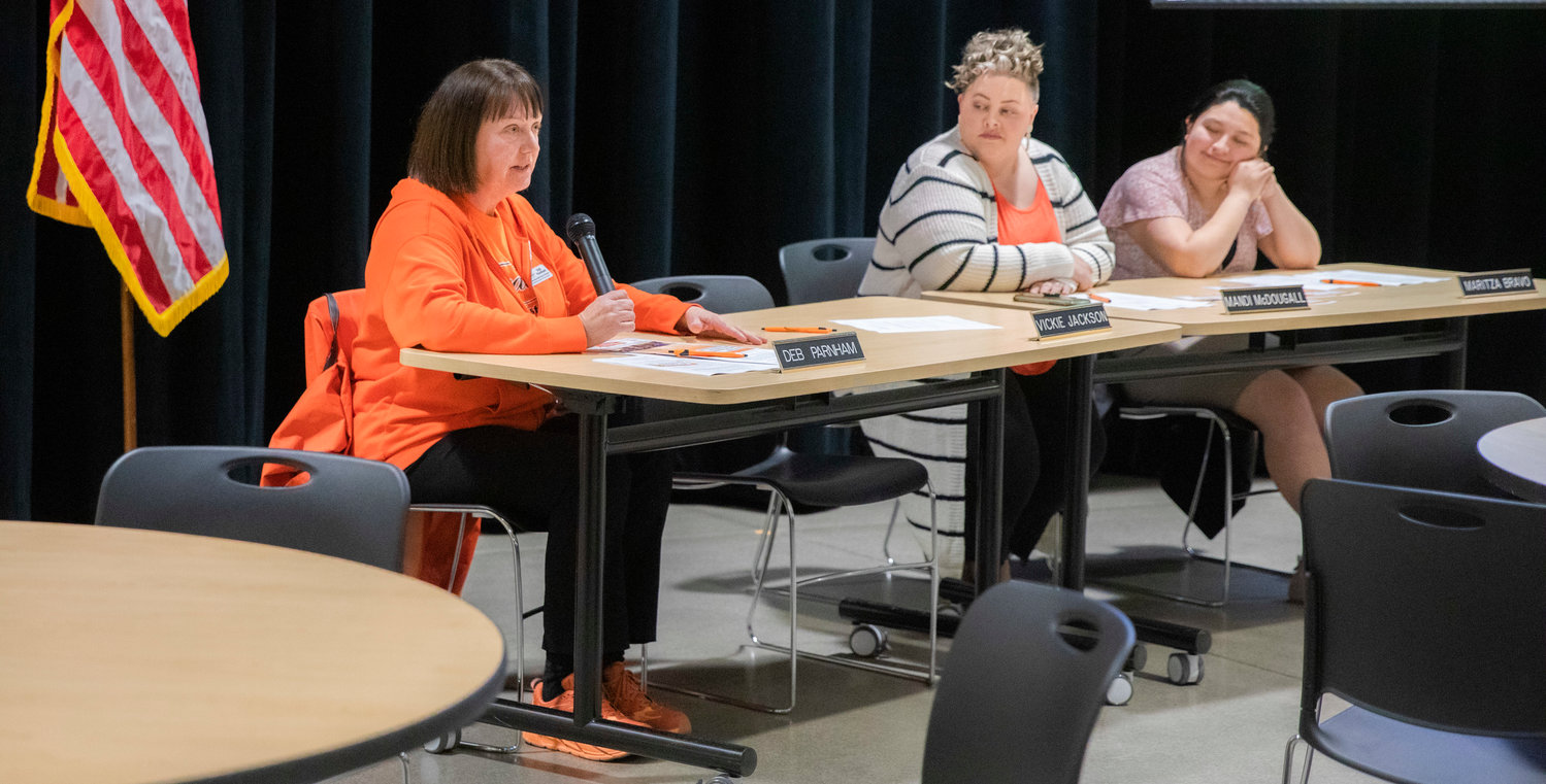 Deb Parnham talks about the levy during a Centralia school board meeting Tuesday evening at Centralia High School.