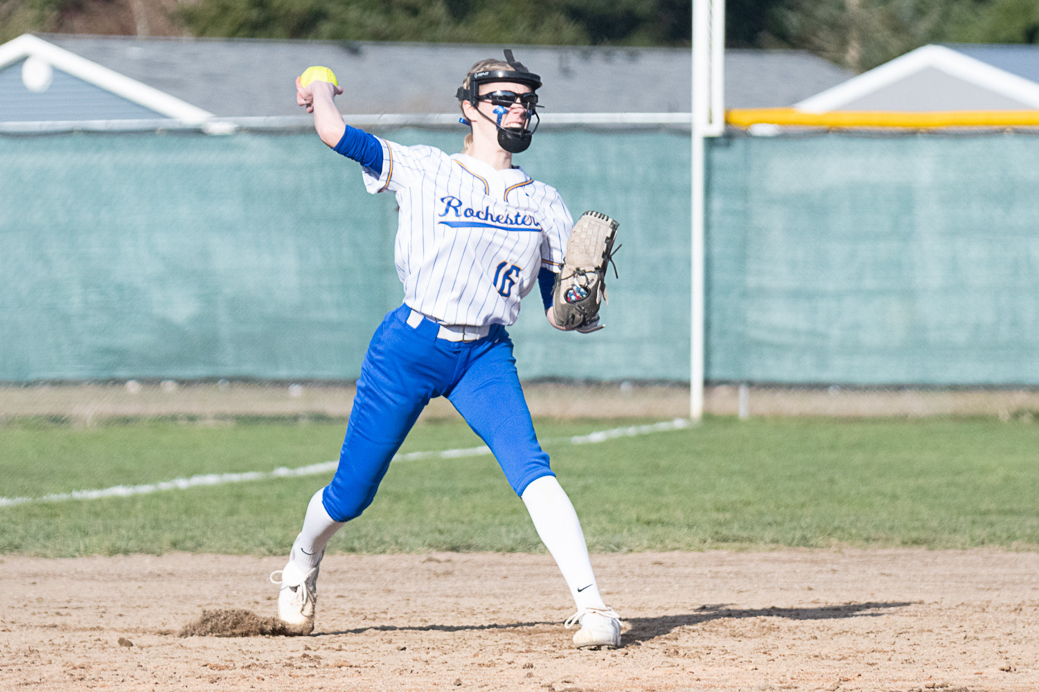 Kassidy Byrd throws across the diamond during Rochester's 5-3 loss to Tumwater on March 29.