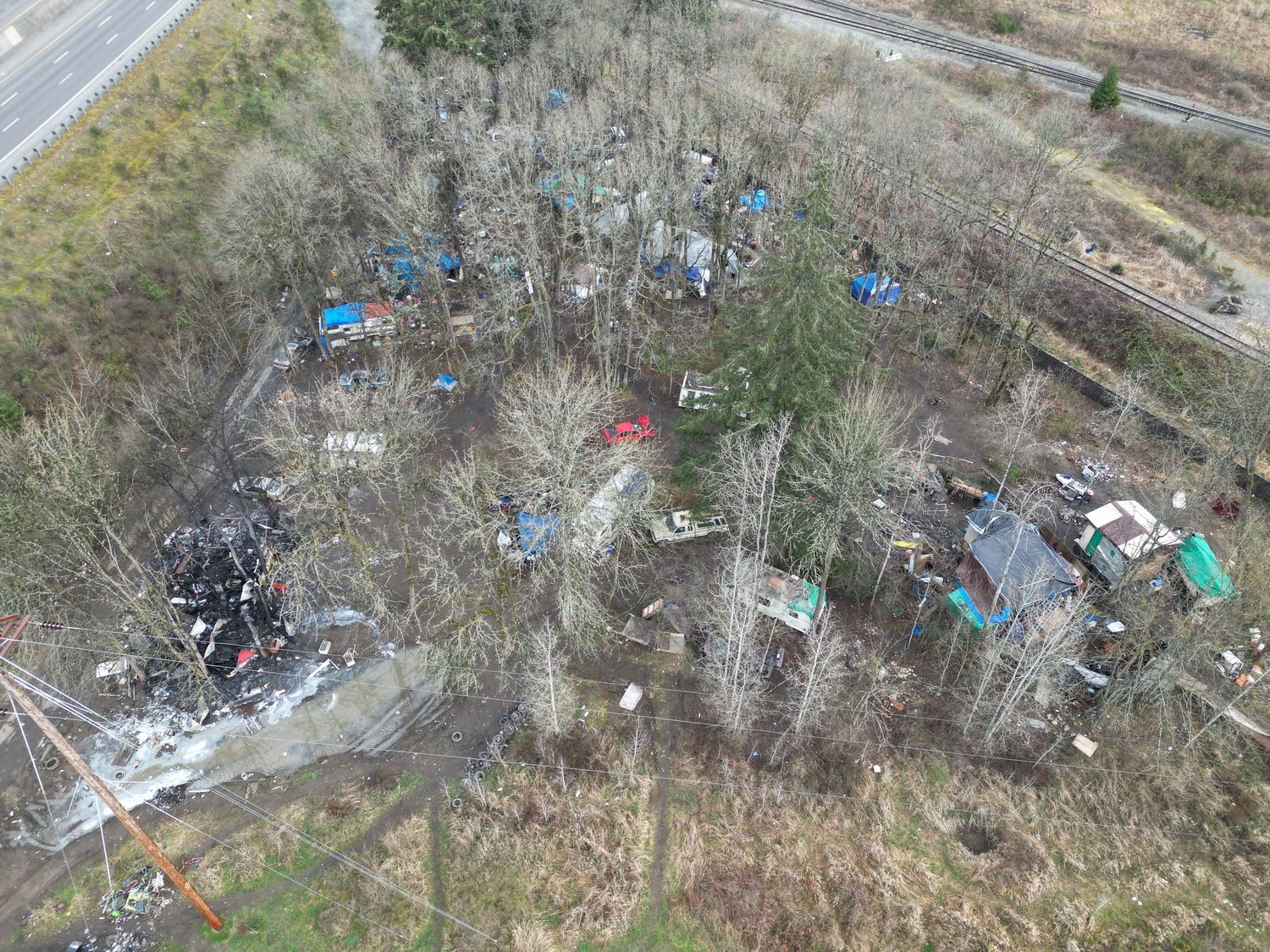 The encampment at Blakesless Junction in Centralia where a fire broke out on Wednesday night is pictured from above.