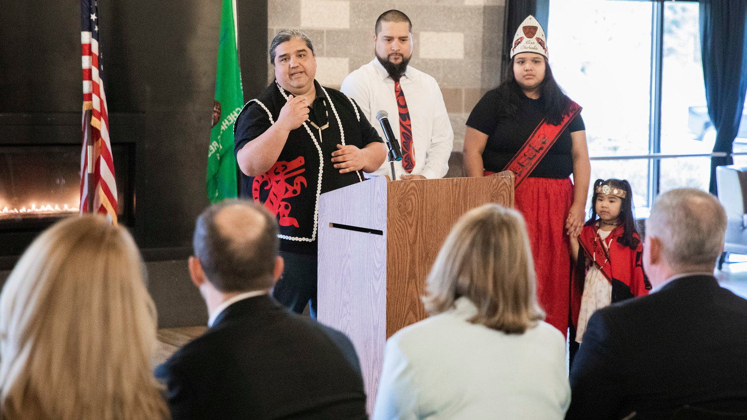 Cultural Resources Technician Dan Penn thanks visitors for attending a meeting at the Chehalis Tribe Community Center Wednesday morning near Oakville.