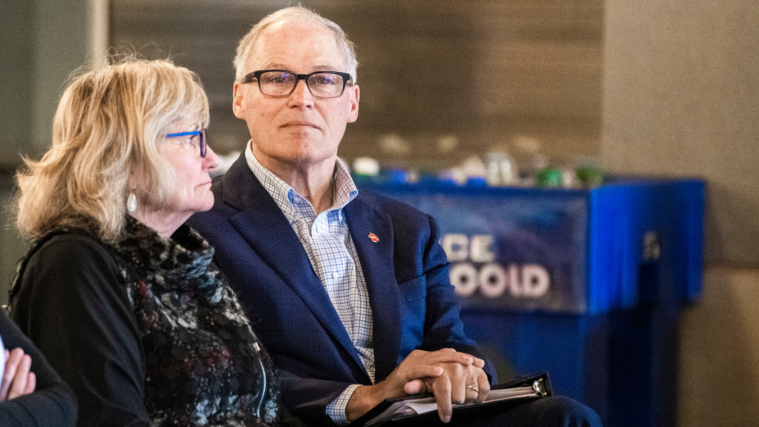 Trudi and Jay Inslee attend a meeting at the Chehalis Tribe Community Center Wednesday morning.