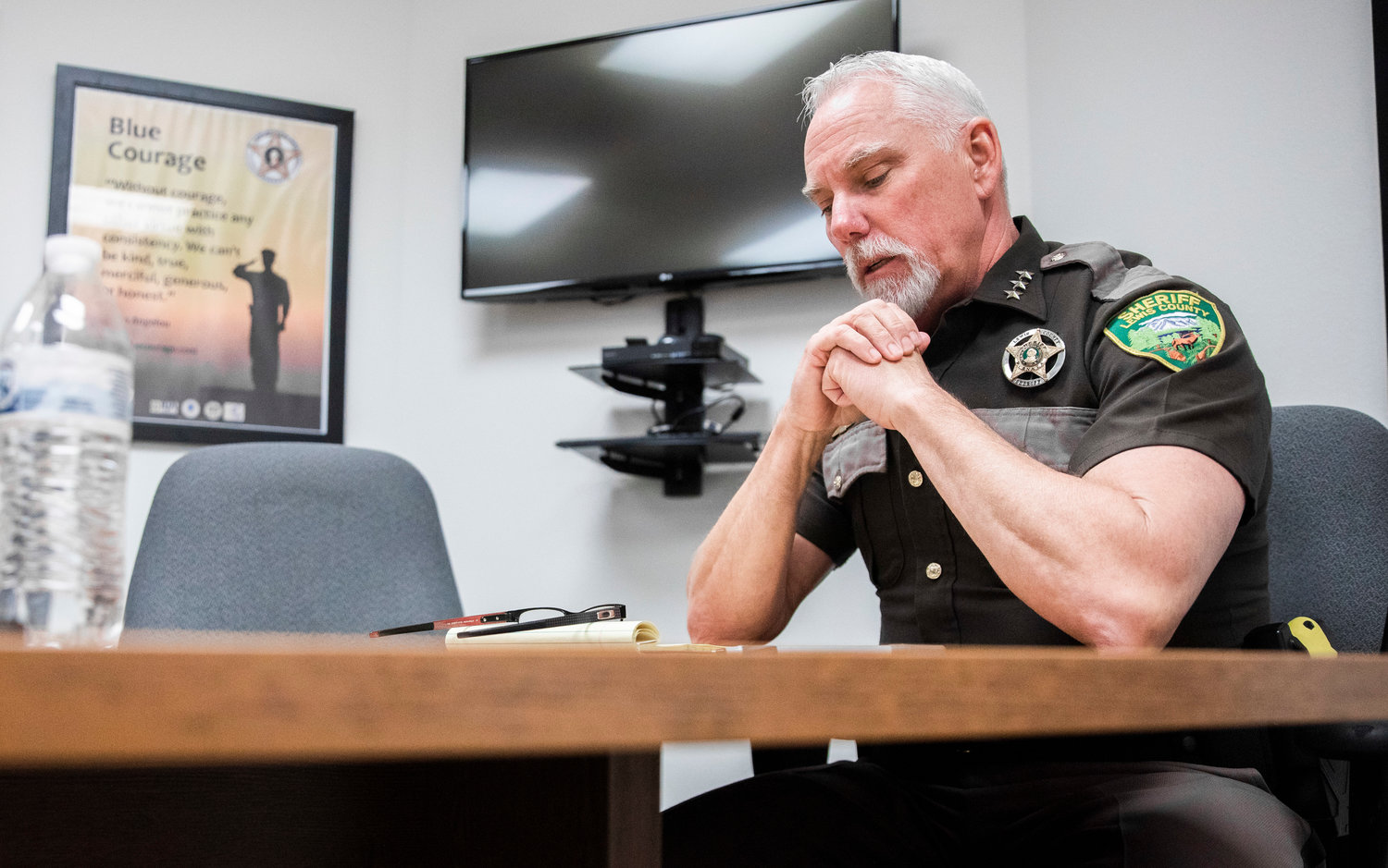 Lewis County Sheriff Rob Snaza, in an interview last week, ponders questions on the case of Aron Christensen, a Portland man who was killed alongside his dog on a trail near Packwood in August 2022.