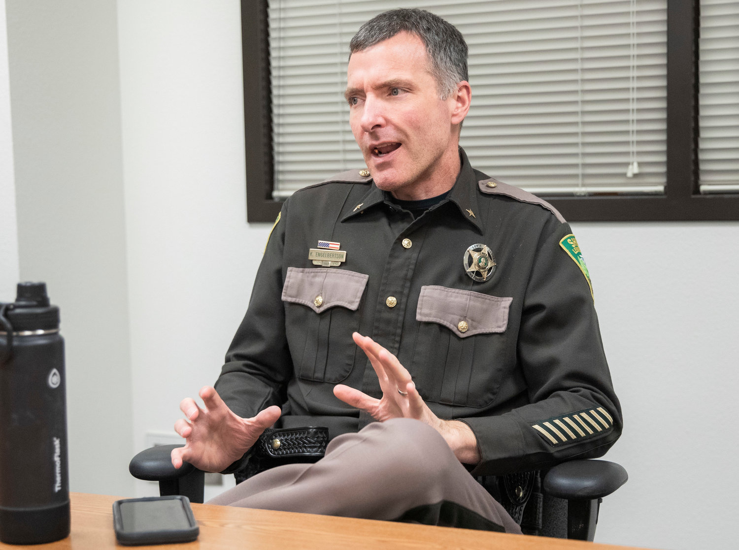 On Wednesday at the Law and Justice Center, Lewis County Sheriff’s Office Special Services Chief Kevin Engelbertson talks about the steps detectives take to prevent jeopardizing ongoing investigations.