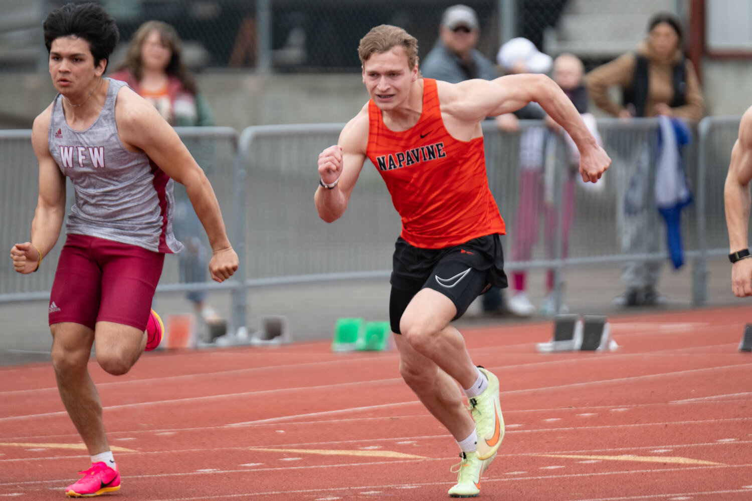 Napavine's Max O'Neill gets out of the blocks in the boys 100-meter dash, with W.F. West's Declan McDonald next to him, at the Chehalis Activator on April 22.