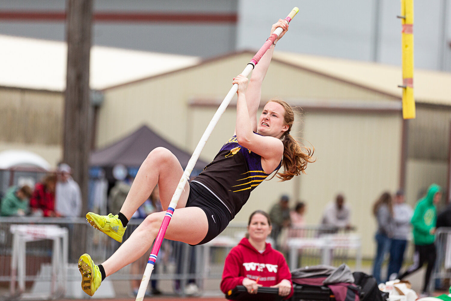 Onalaska's Kelsi Haas takes off for a pole vault attempt at the Chehalis Activators Classic April 22 at W.F. West.