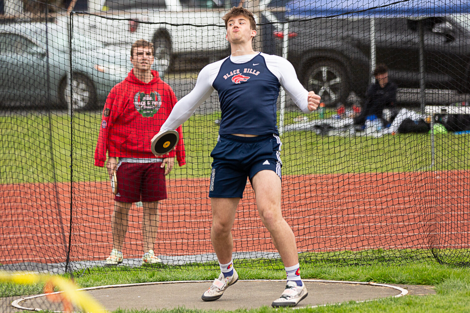 Black Hills' Liam Wall launches a discus at the Chehalis Activators Classic April 22 at W.F. West.