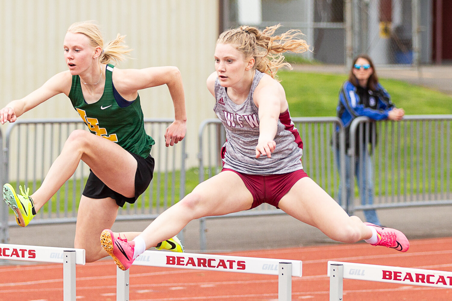 W.F. West's Emily Mallonee leaps over a hurdle in the 300-meter hurdles at the Chehalis Activators Classic April 22 at W.F. West.