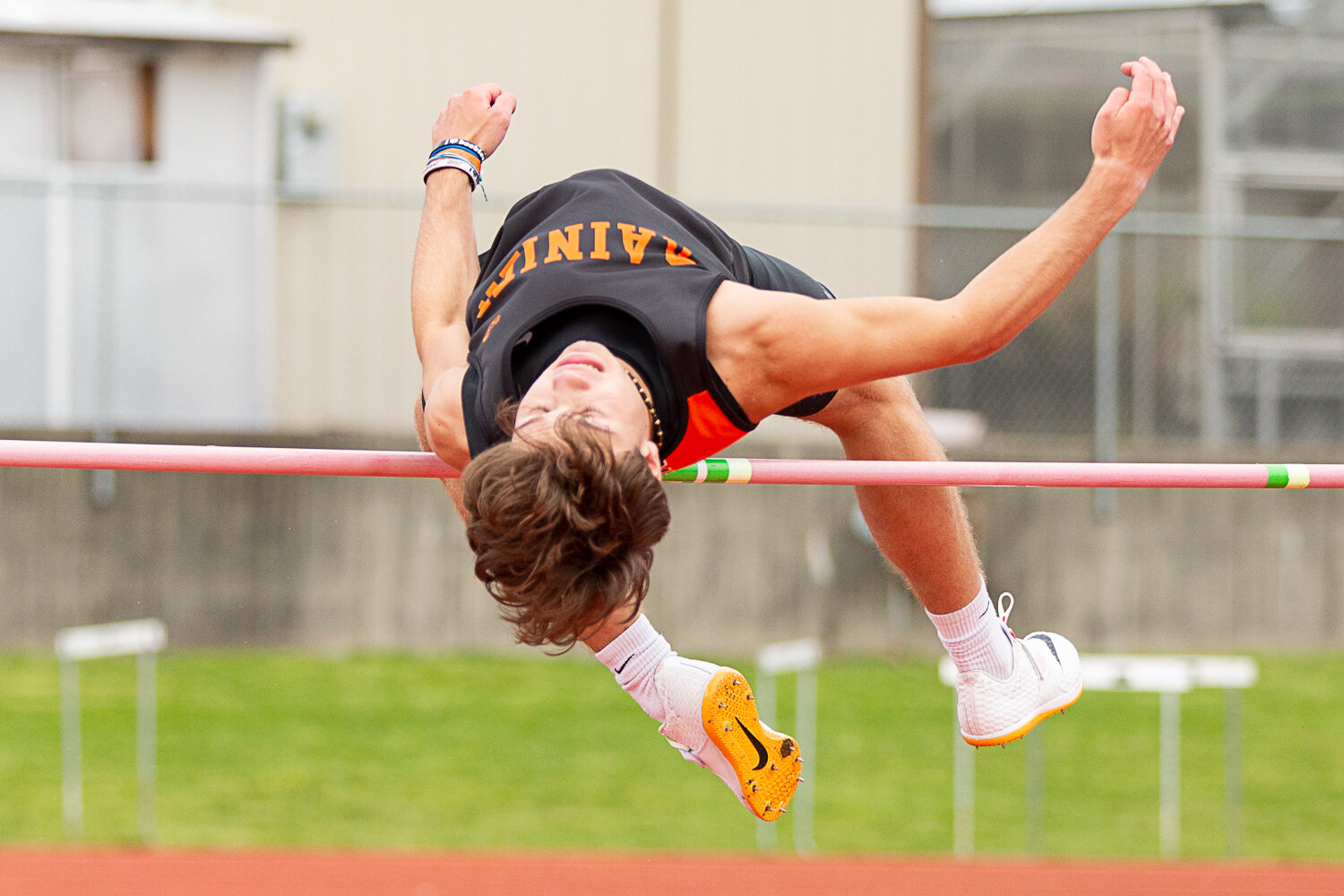 Rainier's Josh Meldrum clears a height in the high jump at the Chehalis Activators Classic April 22 at W.F. West.