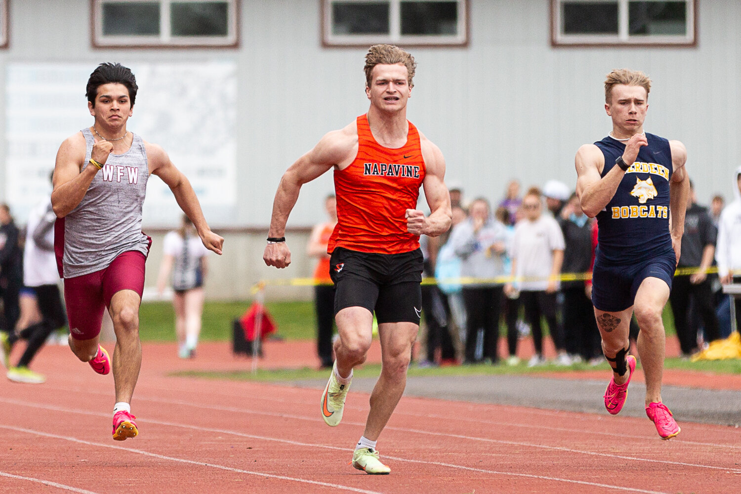 Napavine's Max O'Neill competes in the 100-meter dash at the Chehalis Activators Classic April 22 at W.F. West.