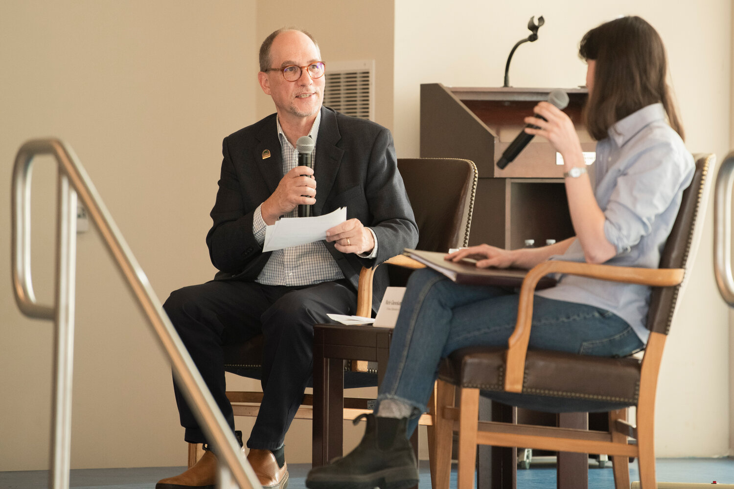 Centralia College President Bob Mohrbacher introduces Congresswoman Marie Gluesenkamp Perez during a town hall at the TransAlta Commons in Centralia on Wednesday, May 3, 2023.