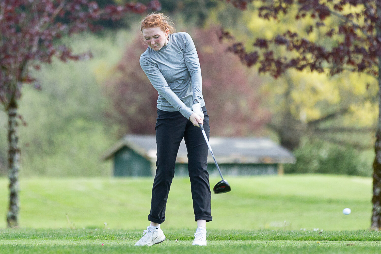 Centralia's Samantha Johnston takes a swing at Tumwater Valley Golf Course of the 2A EvCo Championships May 9.