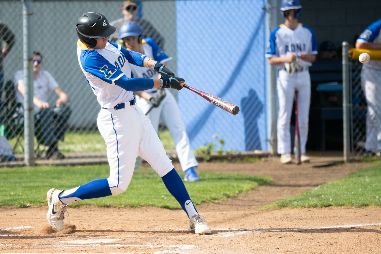 Owen Fagerness cranks a 2-RBI double in the first inning of Adna's 15-5 loss to Toutle Lake in the 2B District 4 tournament semifinals, in Adna on May 9.