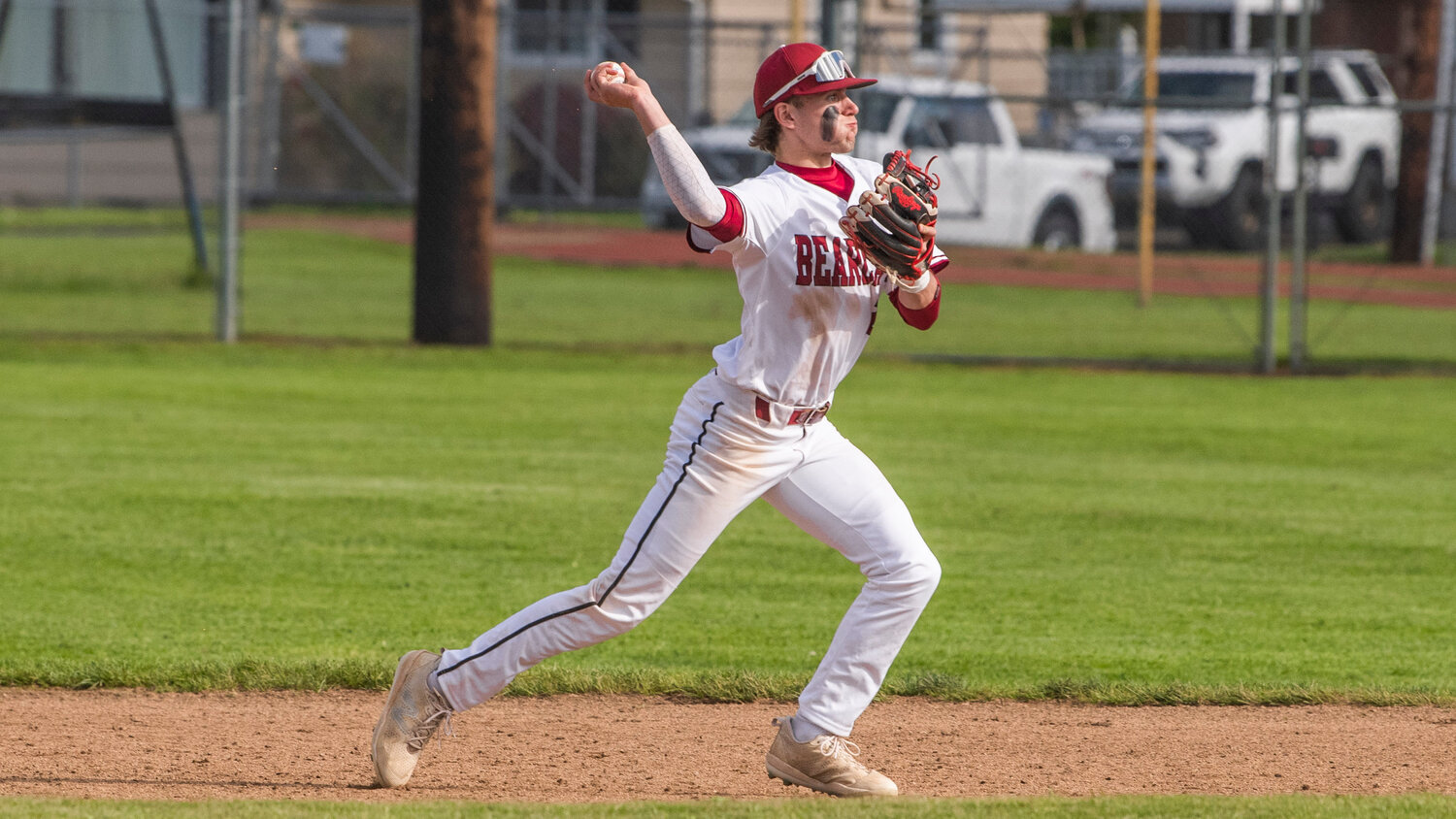 W.F. West’s Braden Jones (2)looks to turn a double-play during a game against Mark Morris at Bearcat Stadium in Chehalis on Tuesday, May 9.