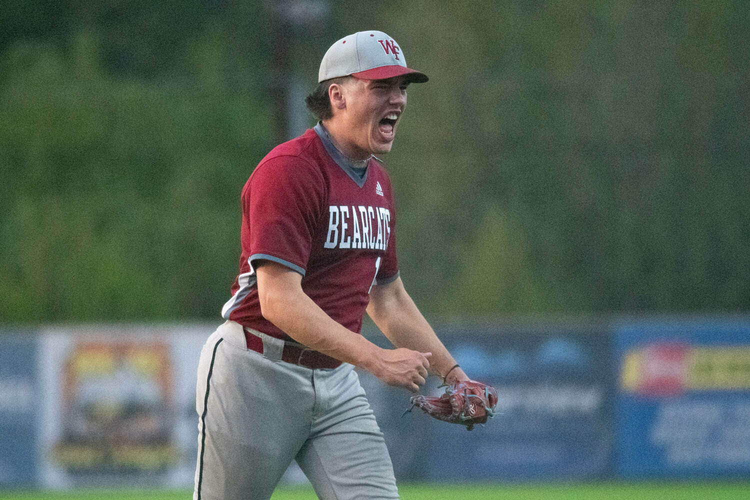 Riggs Westlund celebrates after getting W.F. West out of a bases-loaded jam in the sixthing inning of the Bearcats' 9-0 win over Ridgefield in the 2A District 4 Tournament semifinals, May 10 at the RORC.