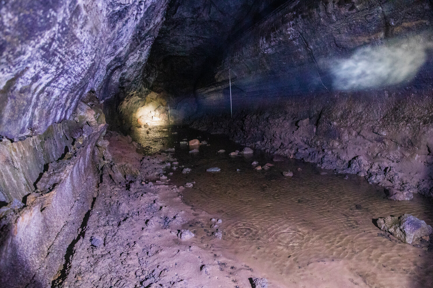Water drips from stalactites flooding small portions of the Ape Cave in Cougar on opening day Thursday, May 18.
