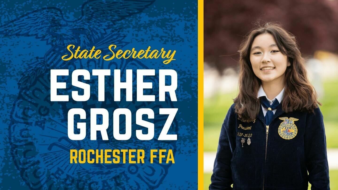 After serving as 2022-2023 Washington FFA state secretary, Esther Grosz of the Rochester FFA chapter has been chosen as the Washington FFA national officer candidate.