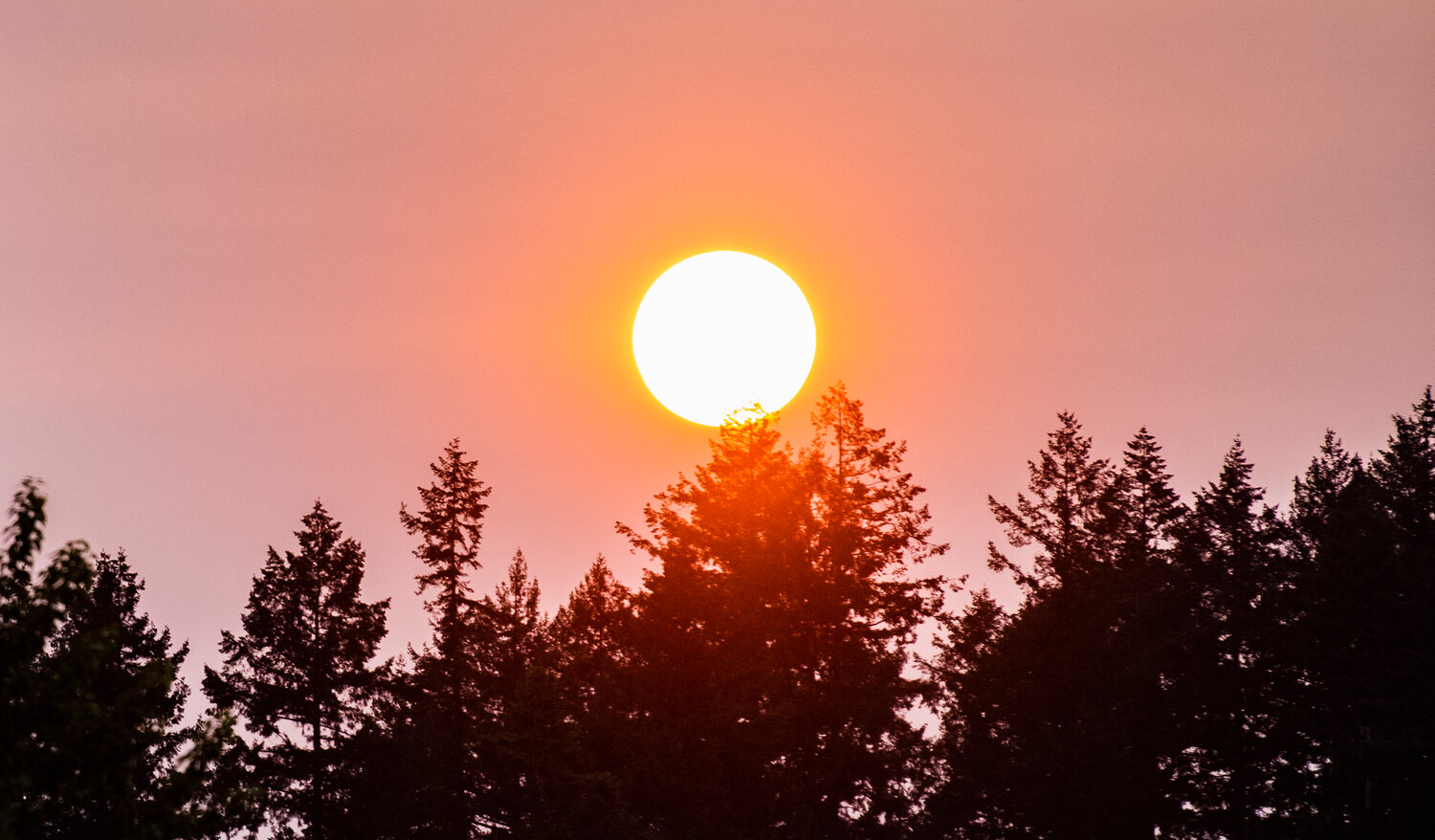 The sky glows in orange and pink at sunset in Centralia on Wednesday as smoke from Alberta, Canada obscures the sun.