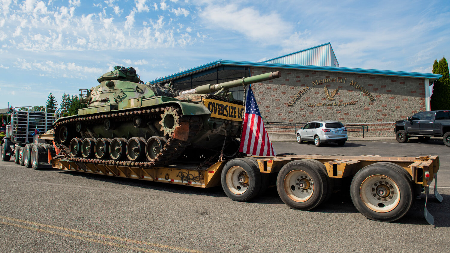 A M60 tank arrives in the parking lot of the Veterans Memorial Museum in Chehalis on Saturday, May 20. The tank came from the Lynden Historical Museum and plans are in place to complete a cosmetic restoration in the near future, according to Museum Director Chip Duncan.