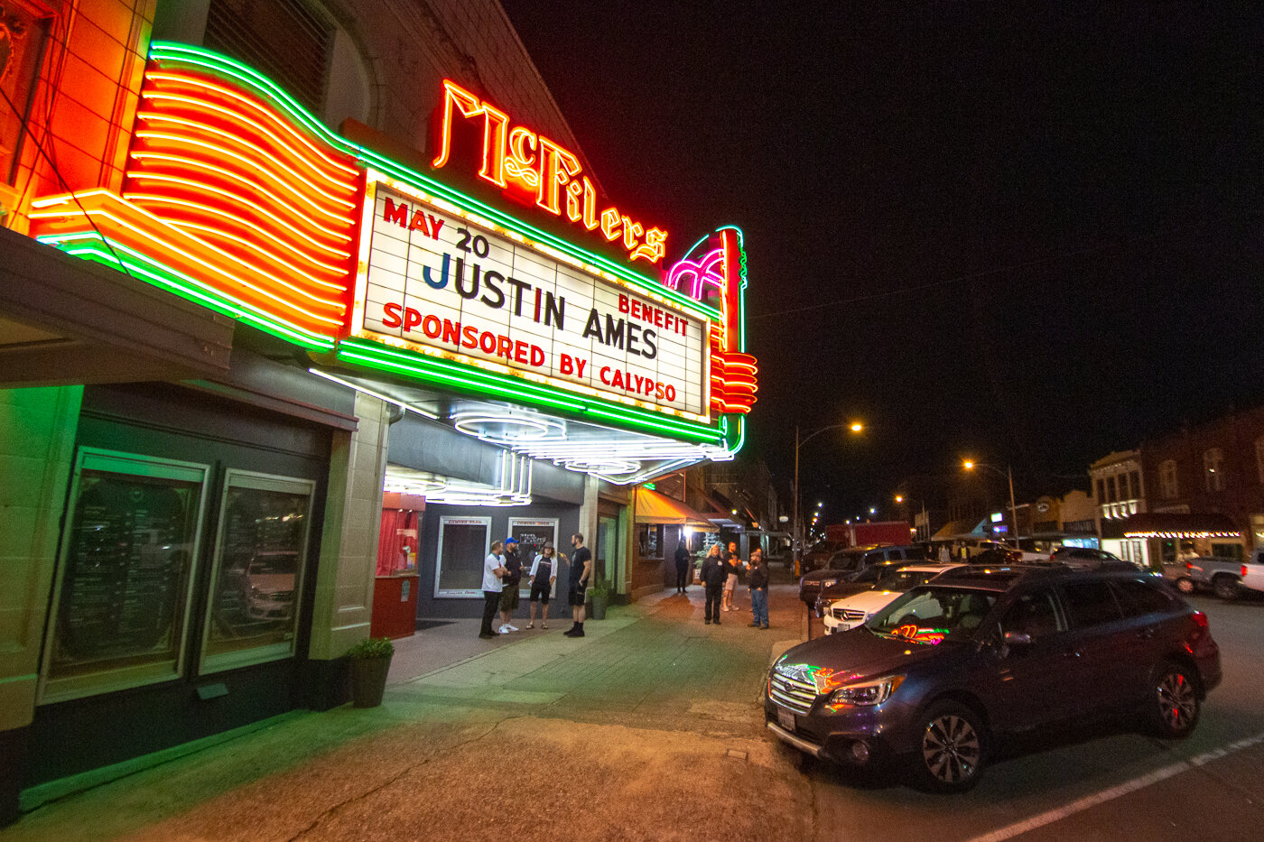 The marquee of McFiler's Chehalis Theater was lit up Saturday night for the Justin Ames benefit.