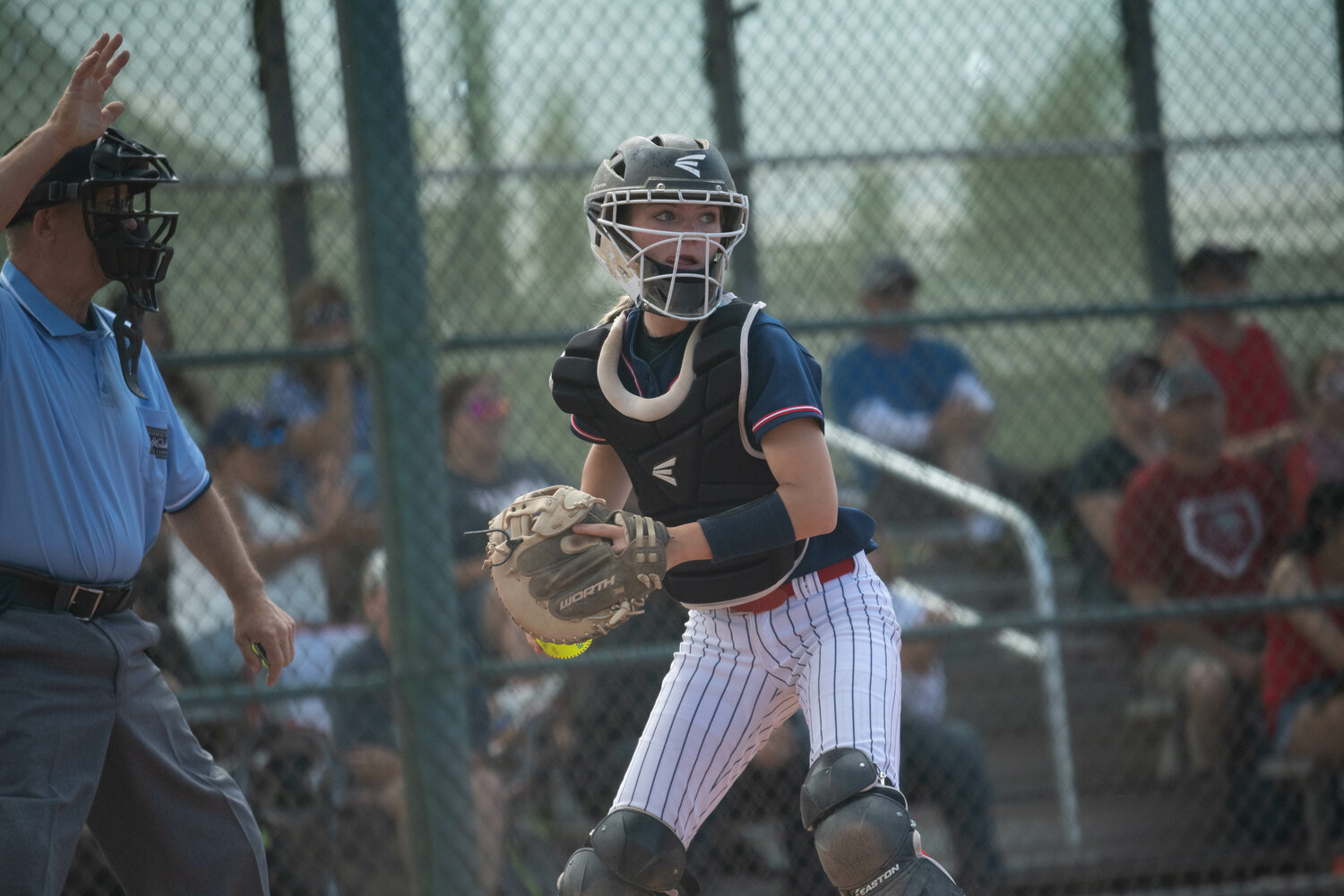Catcher Payton Peterson looks a runner back to first during Pe Ell-Willapa Valley's loser-out game against Kittitas in the 2B state tournament, May 26 in Yakima.