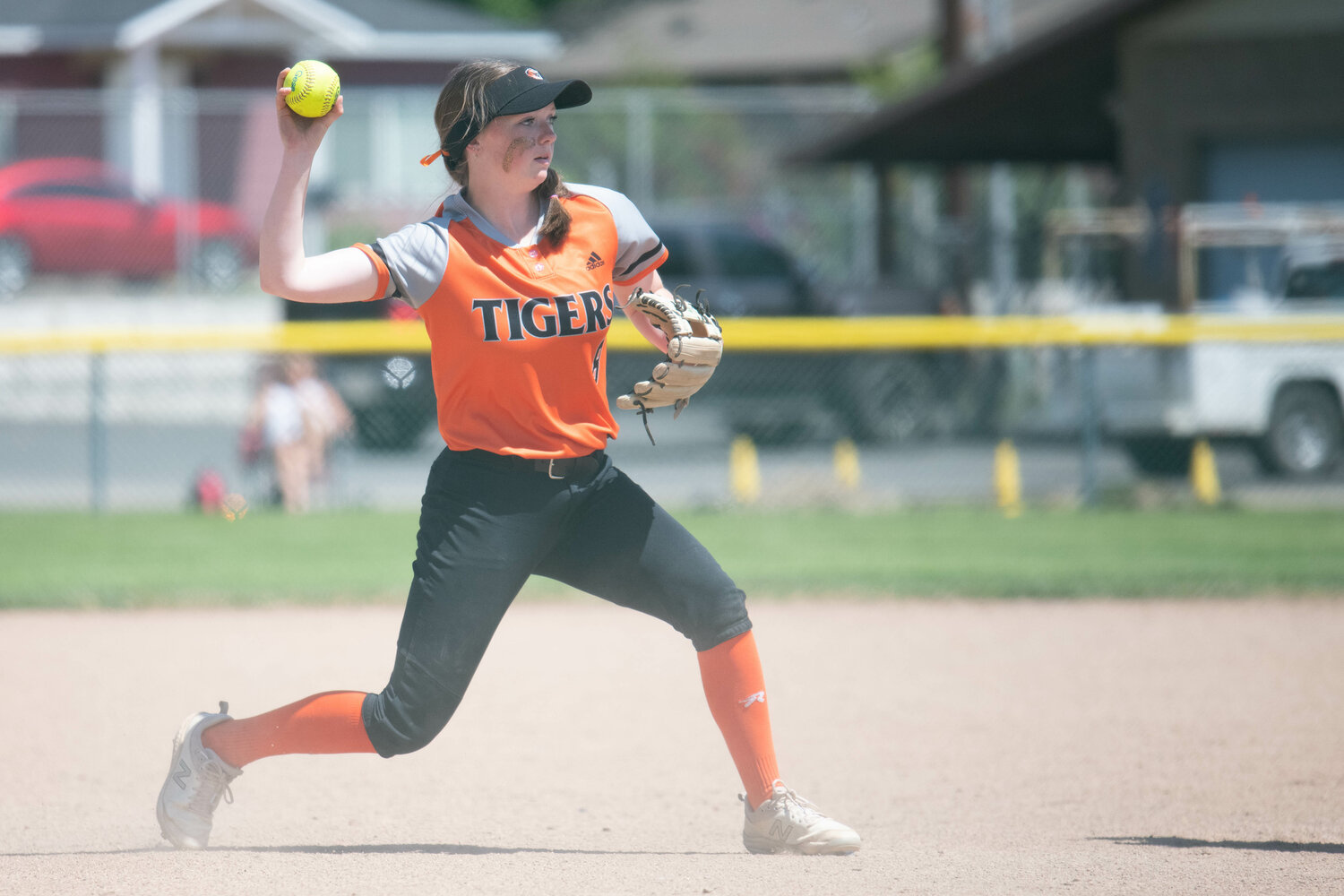 Gracie Schofield throws to first during Centralia's 5-4 loss to Lynden in the first round of the 2A state tournament, May 26 in Selah.