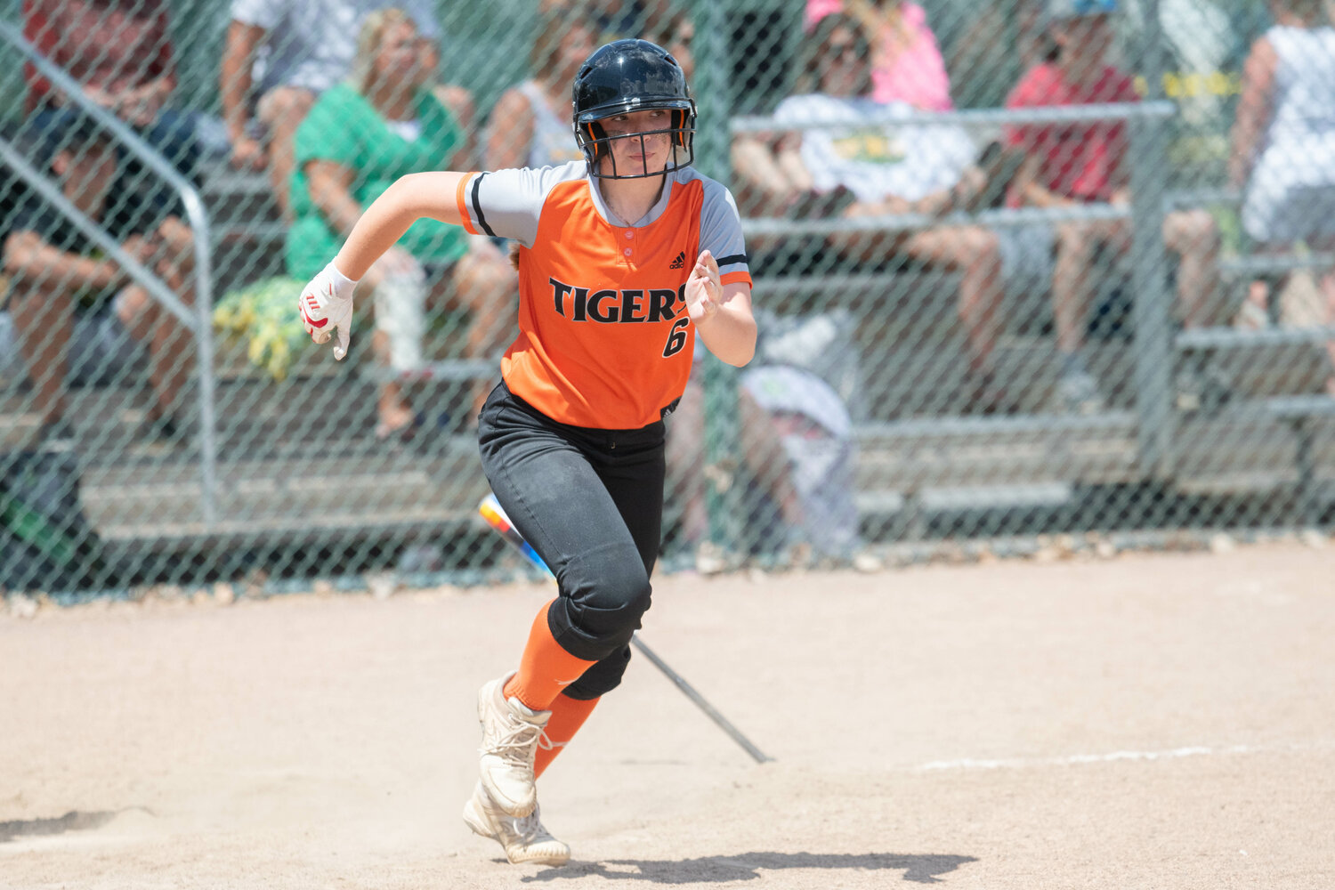 Hollynn Wakefield gets out of the batter's box during Centralia's 5-4 loss to Lynden in the first round of the 2A state tournament, May 26 in Selah.